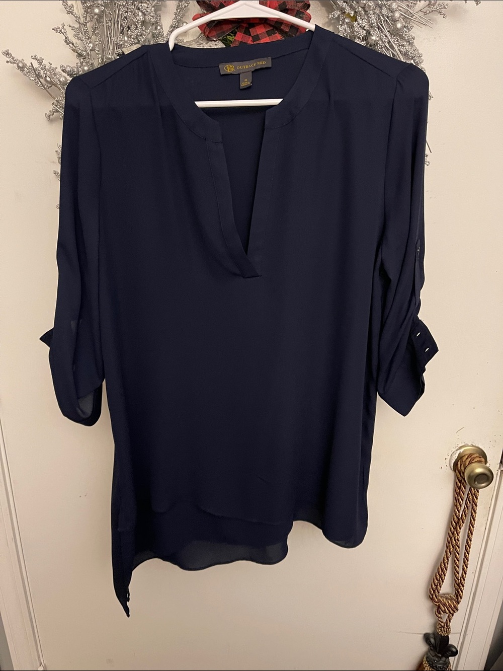Outback Red Deep Navy Split V-Neck Roll-Tab Blouse